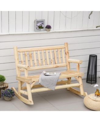 2-Person Wood Rocking Chair with Log Design, Heavy Duty Loveseat with Wide Curved Seats for Patio, Backyard, Garden, Natural
