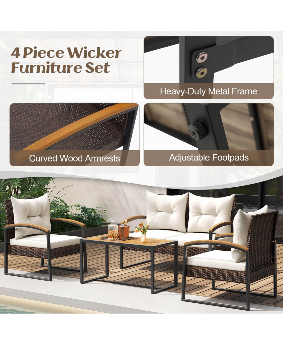 Costway 4 Pcs Patio Conversation Set with Coffee Table Solid Acacia Wood Armrests Tabletop