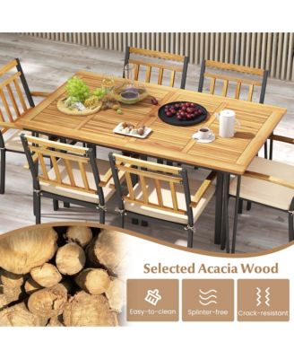 7 PCS Patio Dining Set with Acacia Wood Dining Table Rattan Armchairs Soft Cushions