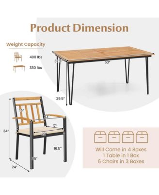 7 PCS Patio Dining Set with Acacia Wood Dining Table Rattan Armchairs Soft Cushions