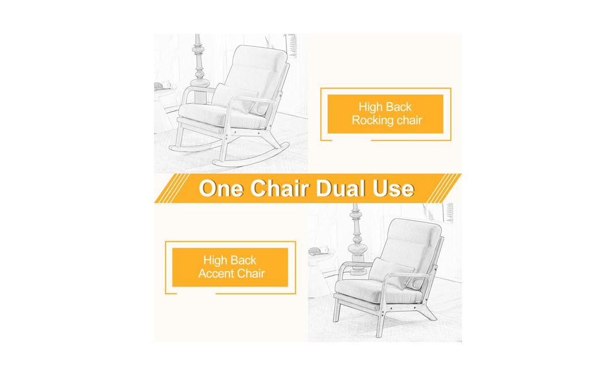 Slickblue High Back Indoor Rocking Chair – 100 cm Solid Wood Armrest with Iron Frame, Dual-Use OffTeddy Fleece Pillow for Comfort and St