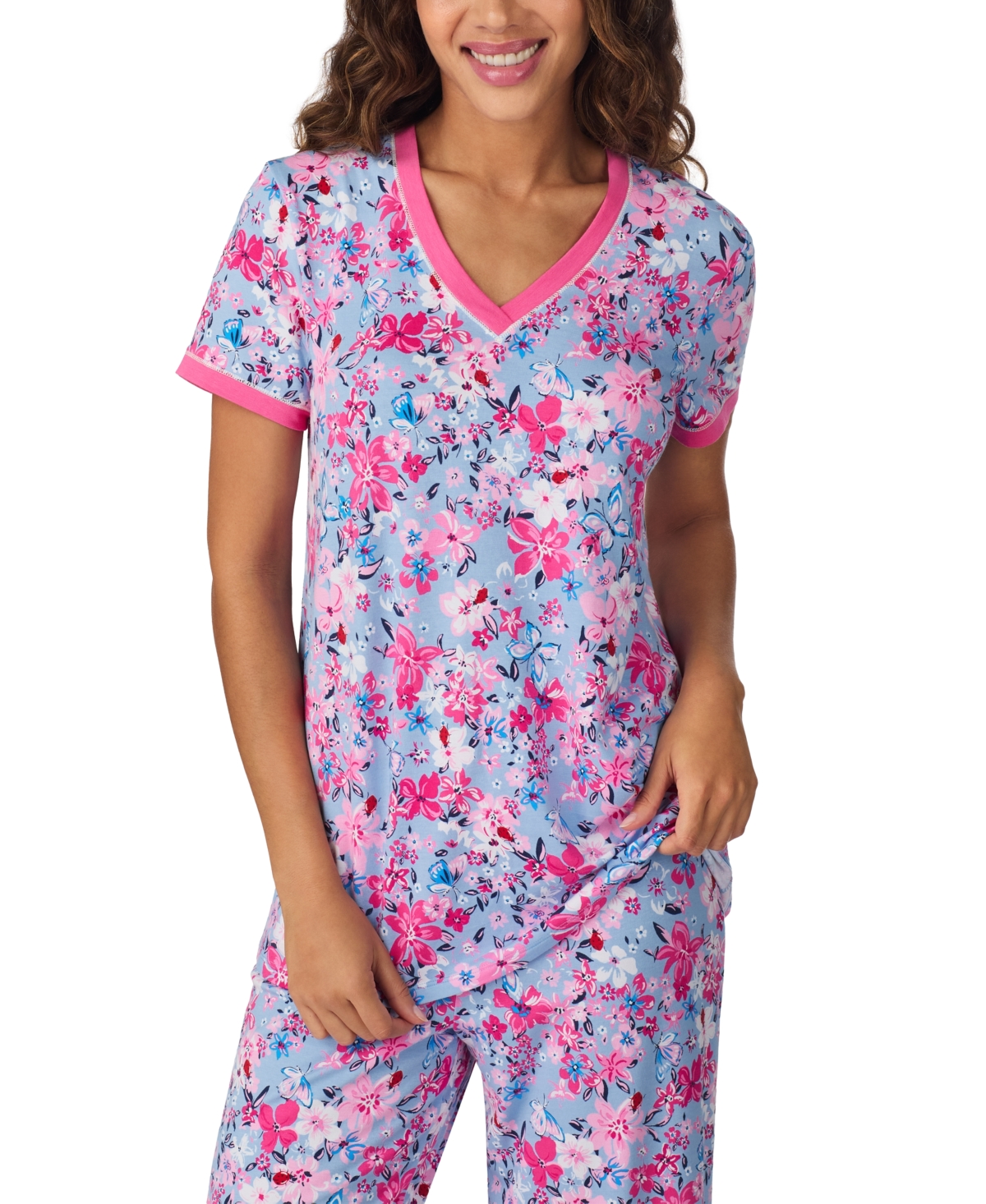 Shop Cuddl Duds Women's Cropped Short-sleeve Pajama Set In Blue Multi