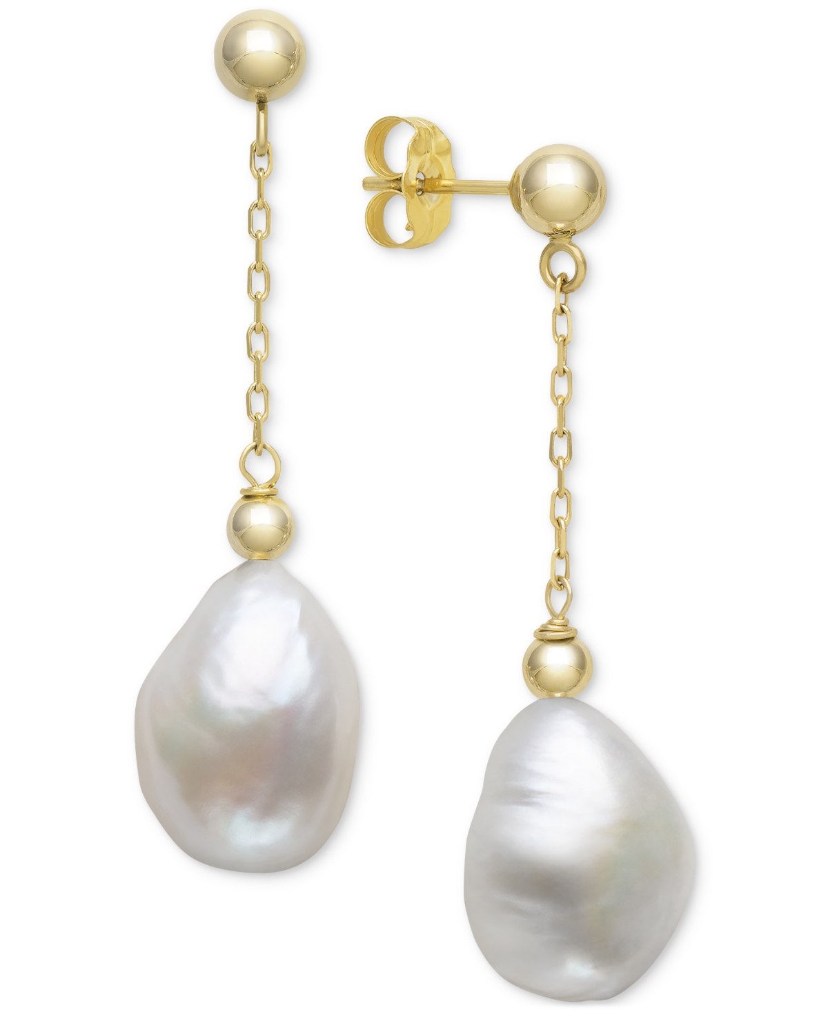 Cultured Freshwater Baroque Pearl (10-11mm) Chain Drop Earrings in 14k Gold - White