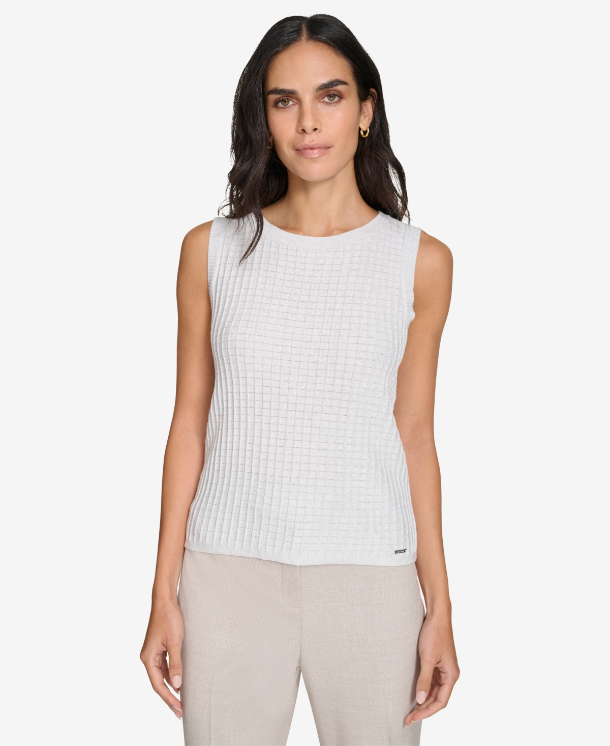 Calvin Klein Women's Crewneck Metallic Sleeveless Blouse -silver