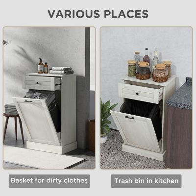 Kitchen Tilt Out Trash Bin Cabinet Free Standing Recycling Cabinet Trash Can Holder With Drawer, Light Gray