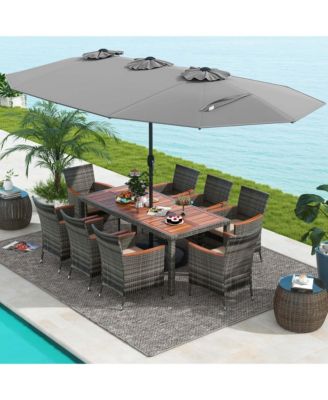 10 Pieces Patio Wicker Dining Set with Double-Sided Patio Umbrella 8 Armchairs