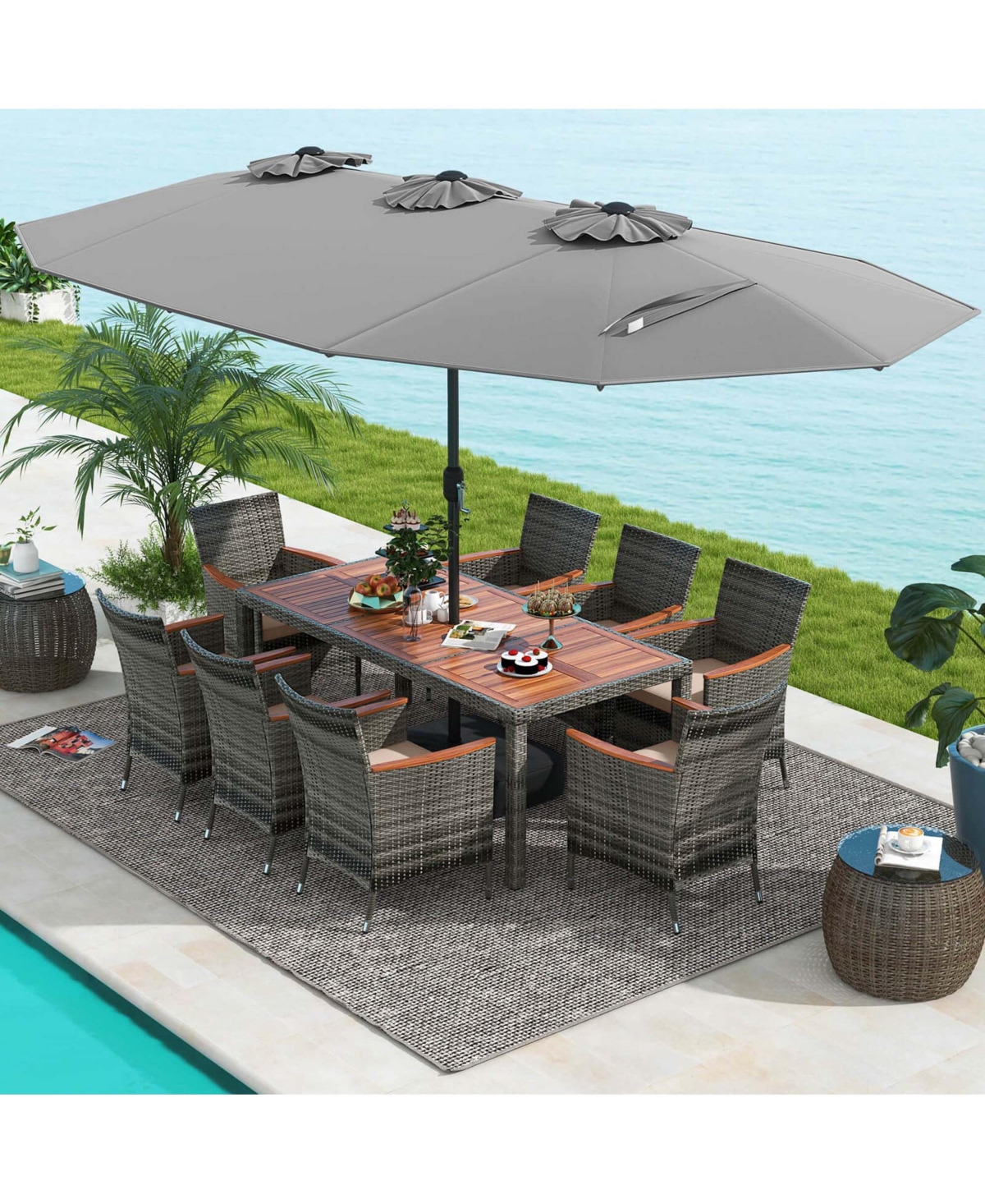 Costway 10 Pieces Patio Wicker Dining Set with Double-Sided Umbrella 8 Armchairs