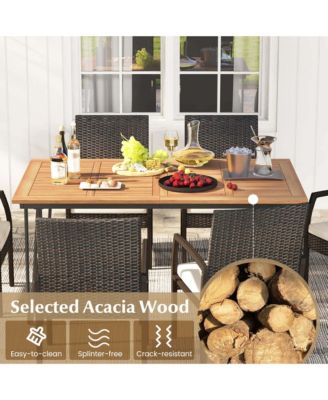 7 PCS Patio Dining Set with Acacia Wood Dining Table Rattan Armchairs Soft Cushions