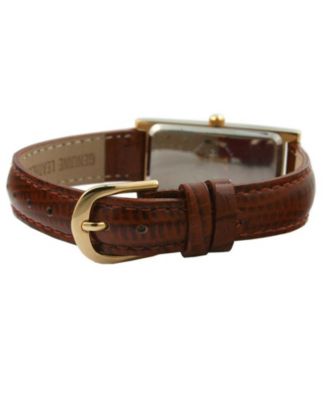Women's Rectangular Gold-Tone Case Watch Glossy Brown Leather Strap