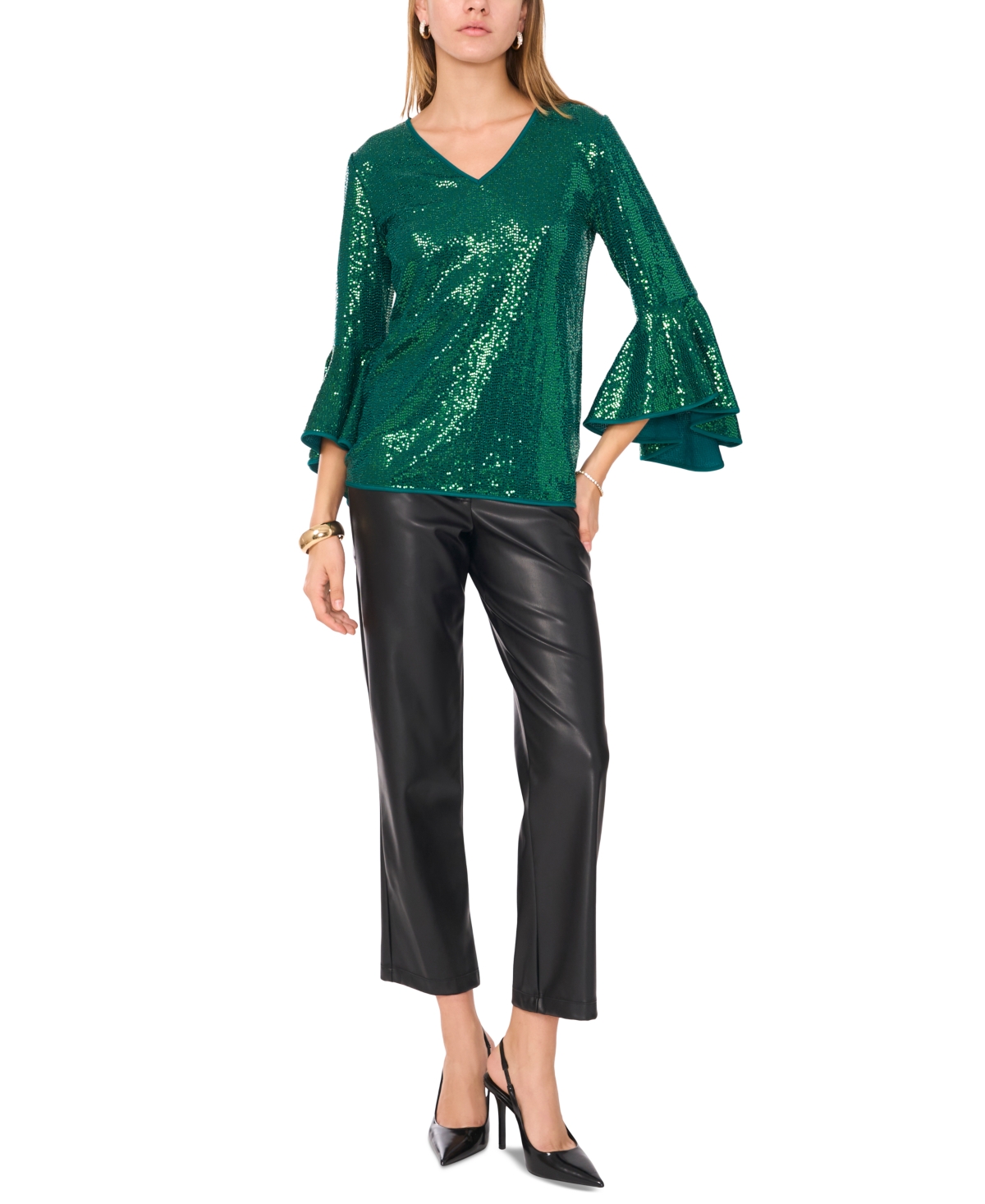 VINCE CAMUTO WOMEN'S SEQUINED V-NECK BELL-SLEEVE TOP 