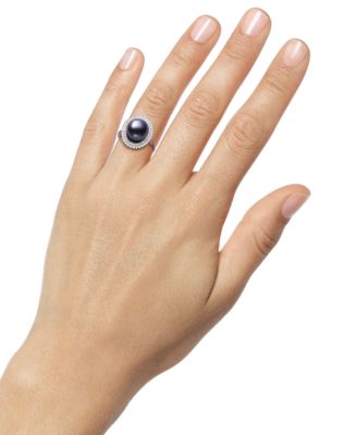 Peacock Black Cultured Freshwater Pearl (10mm) & Cubic Zirconia Halo Ring in Sterling Silver (Also in White Cultured Freshwater Pearl)