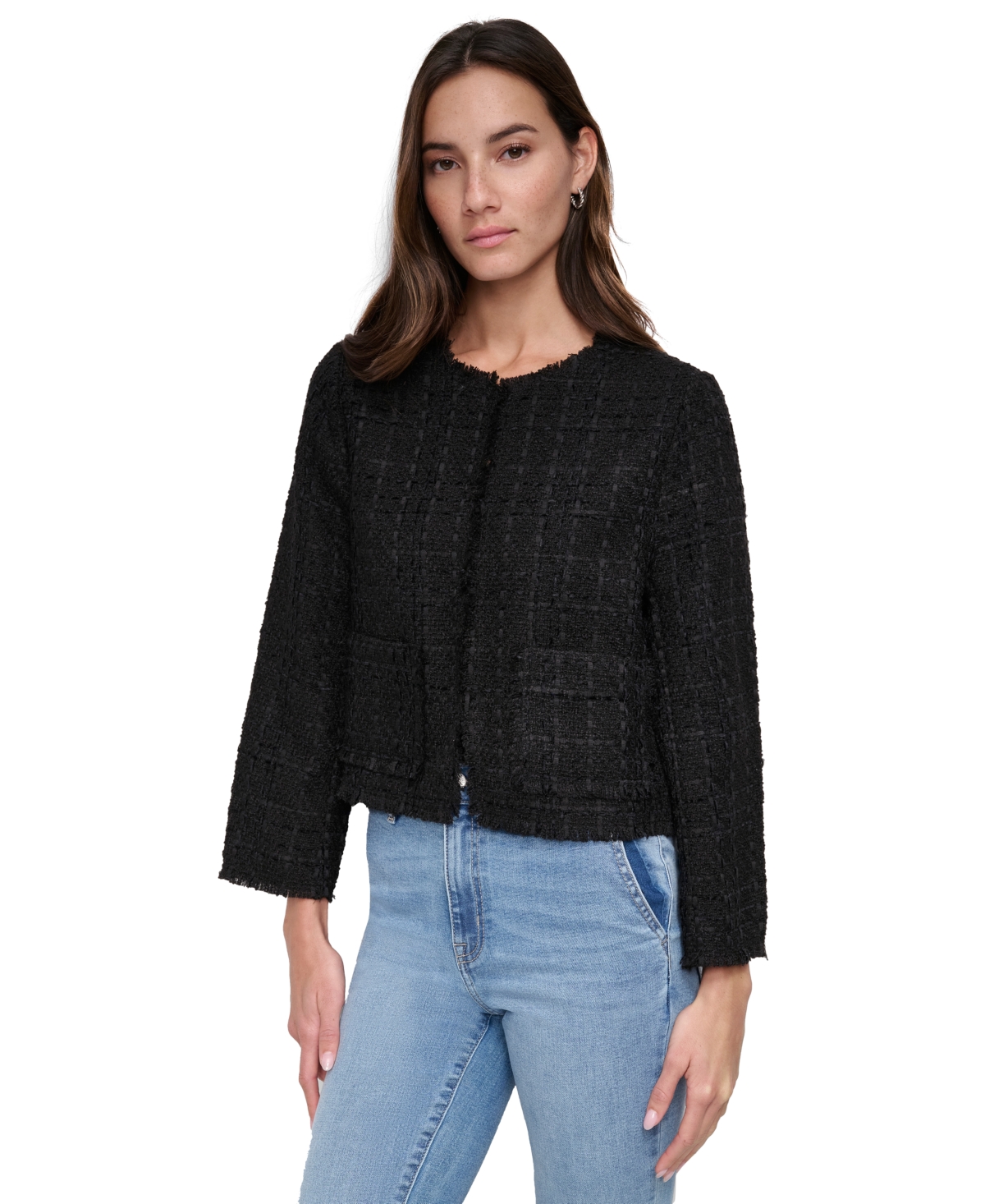 DKNY JEANS WOMEN'S FRAYED CROPPED LONG-SLEEVE JACKET 