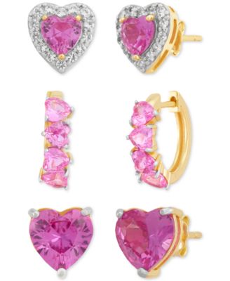 3-Pc. Set Lab Created Pink Sapphire (6 ct. t.w.) & Lab Created White Sapphire (1/2 ct. t.w.) Heart Stud & Small Hoop Earrings 14k Gold-Plated Sterling Silver