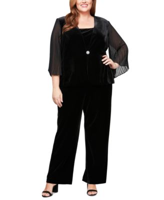 Plus Size Velvet Pleated Sleeve Jacket Tank Top Velvet Side Stripe Straight Leg Pants