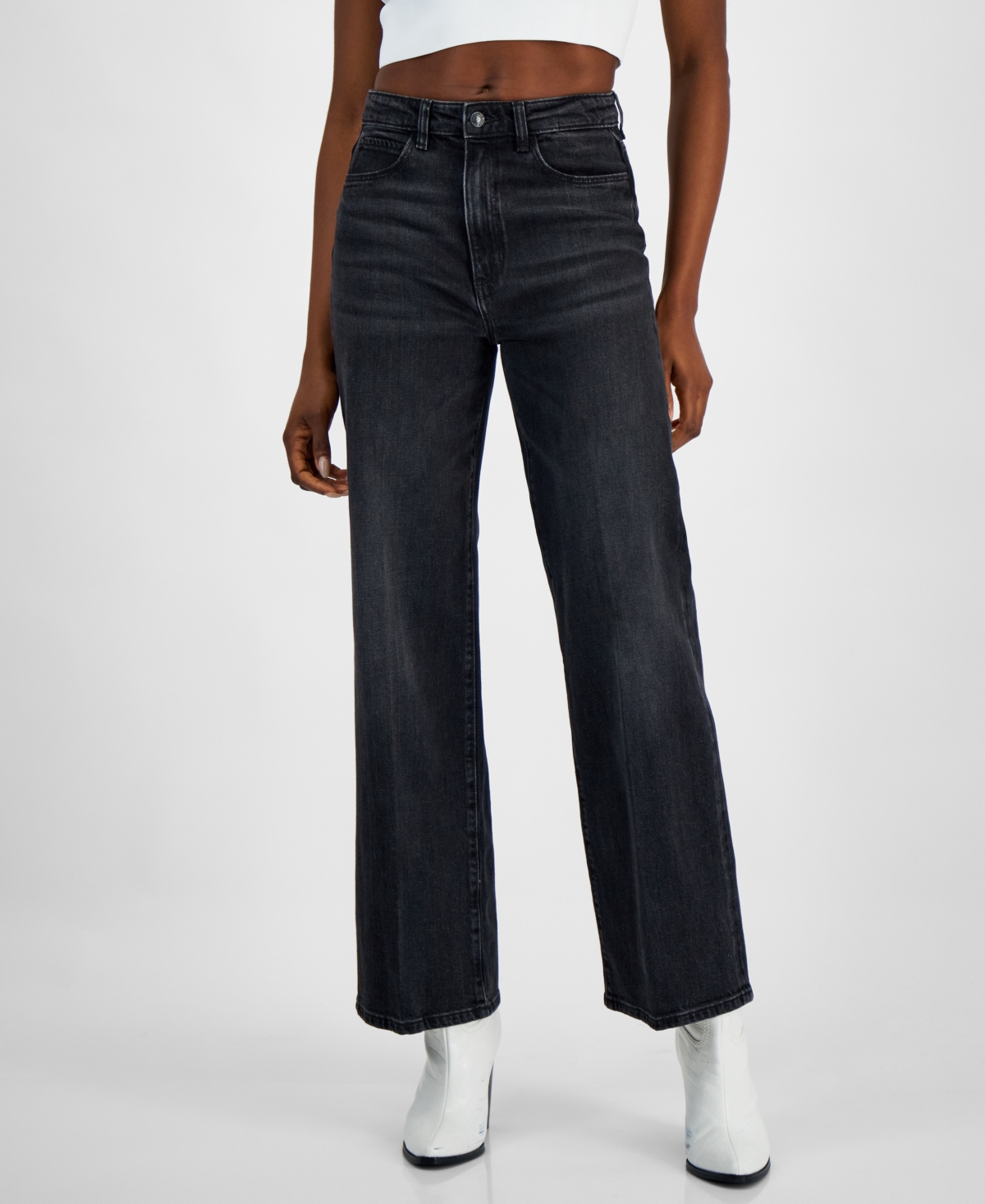 Guess Women's High-rise Wide-leg Ankle-length Jeans In Authentic Black