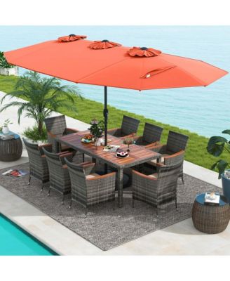 10 Pieces Patio Wicker Dining Set with Double-Sided Patio Umbrella 8 Armchairs