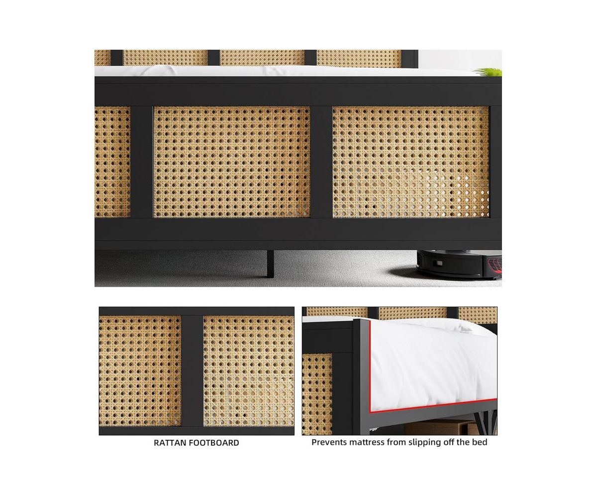 gaomon Size Bed Frame with Rattan Headboard and Footboard, Rattan Platform Bed Frame, Mattress Foundation, No Box Spring Needed,- Black