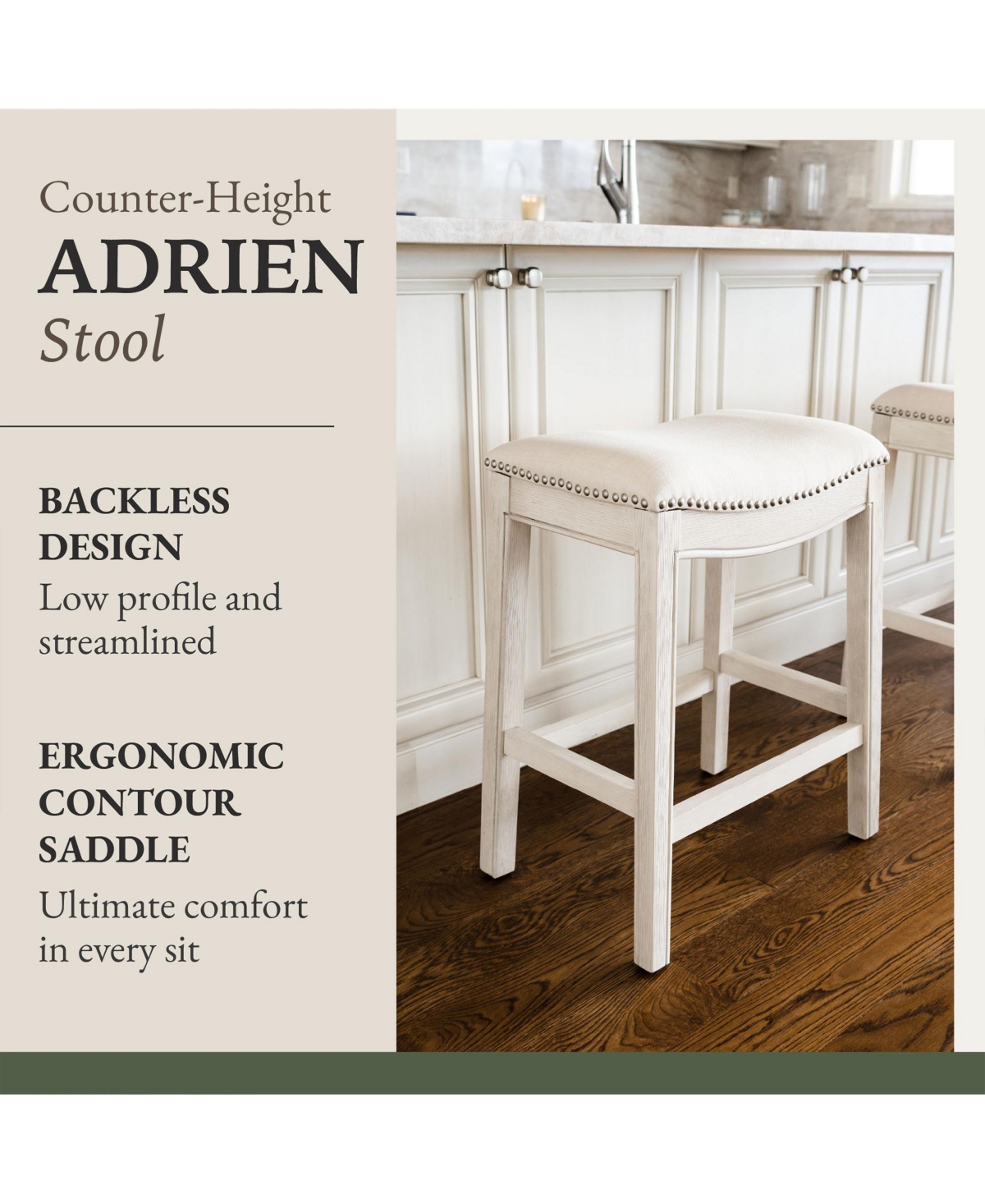Maven Lane Adrien Saddle Counter Stool Oak Finish w/ Natural Fabric Upholstery - White