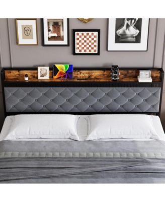 King Size Led Bed Frame with Headboard and 2 Storage Drawers, Upholstered Platform Bed with Charging Station, No Box Spring Needed