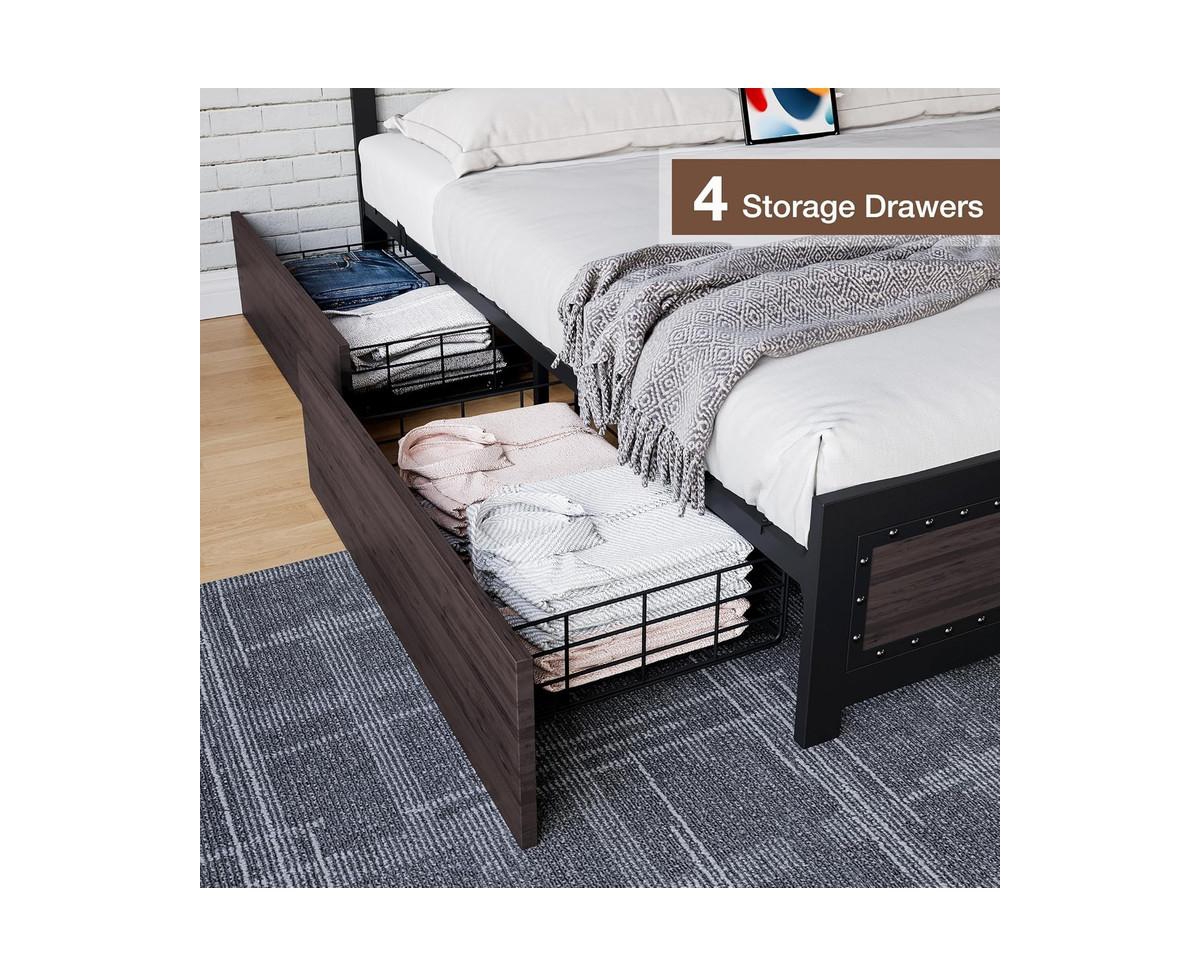 gaomon Bed Frame with Headboard, Industrial Platform Bed Frame with 4 Storage Drawers and Charge Station, Metal Slats Support, No Box Spring Needed