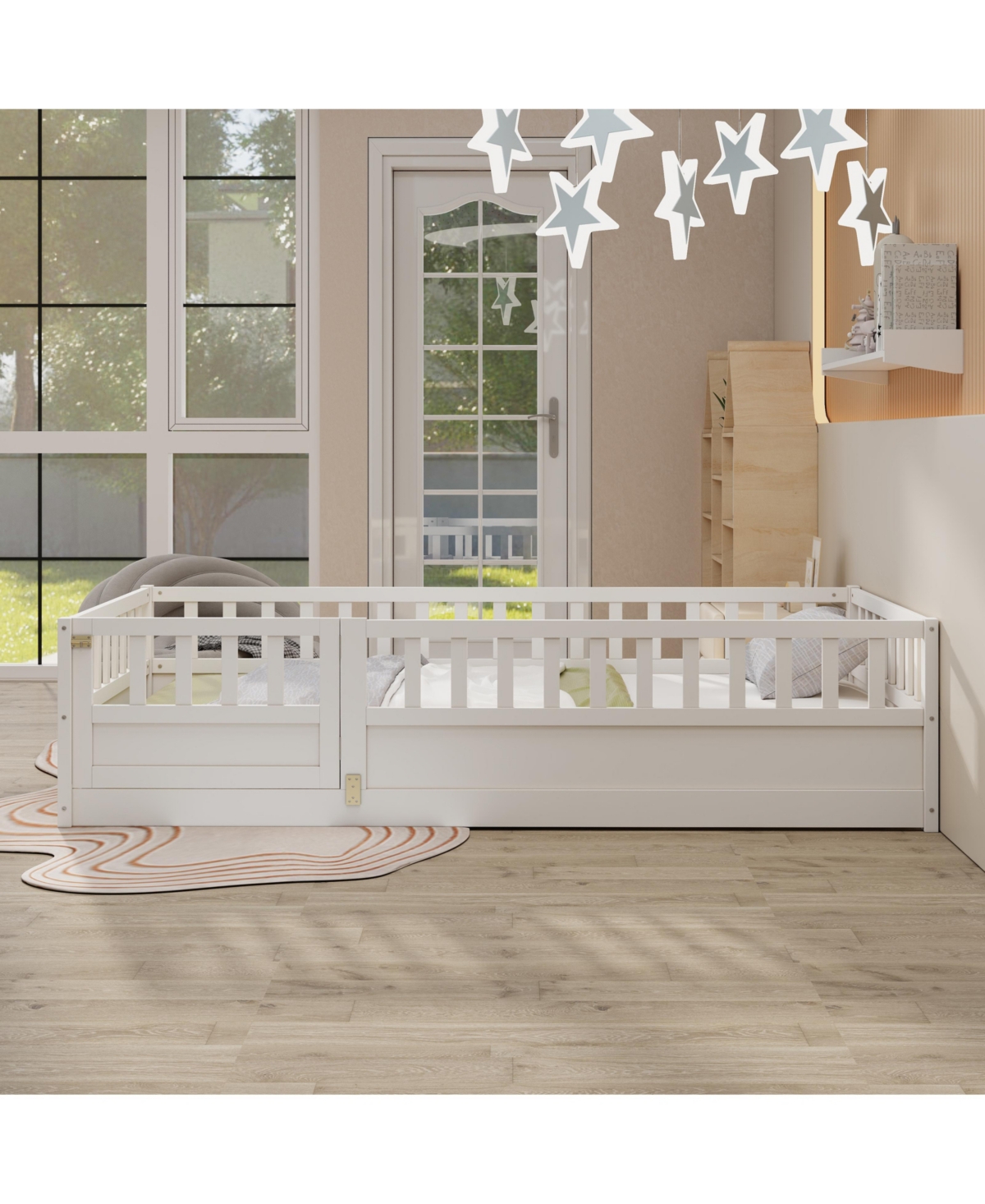 Slickblue Twin Size Montessori Wooden Floor Bed – Features Integral Construction with High Security Barrier and Door - White