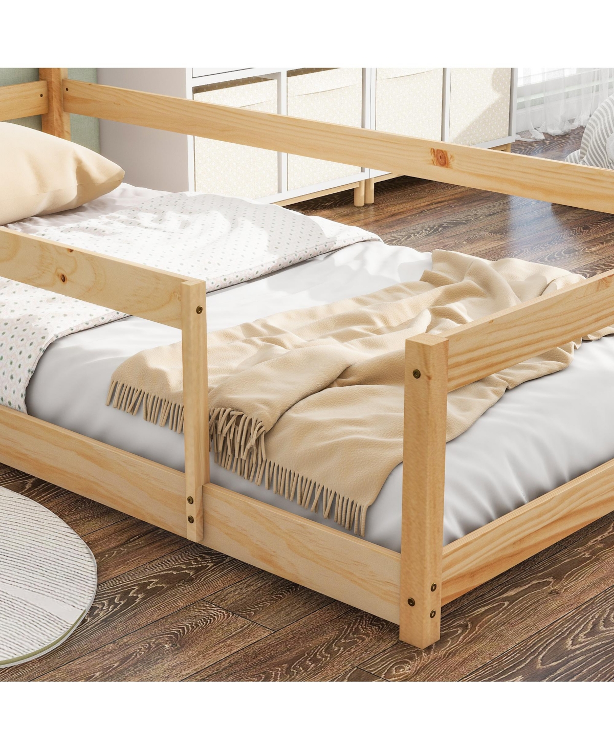 Slickblue Twin Size Wood bed with House-shaped Headboard Floor bed with Fences,Light Blue
