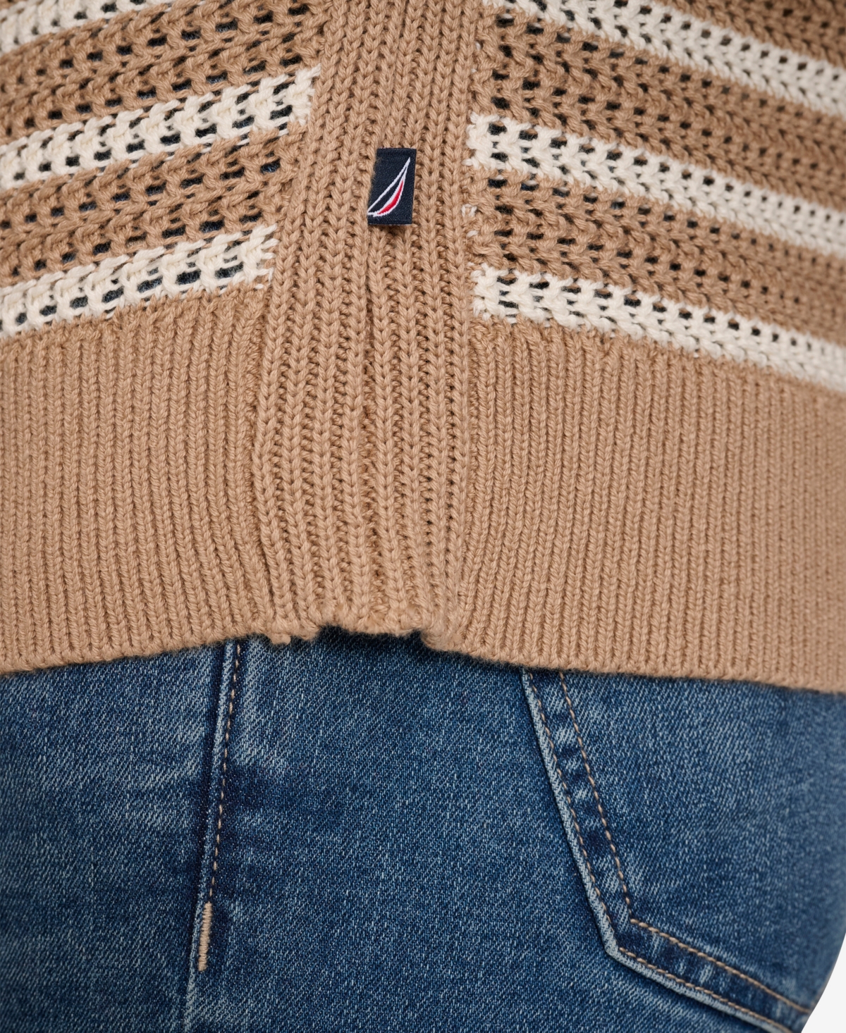 Nautica Jeans Women's Long Sleeves Pointelle Crew Neck Sweater In Camel,white Swan