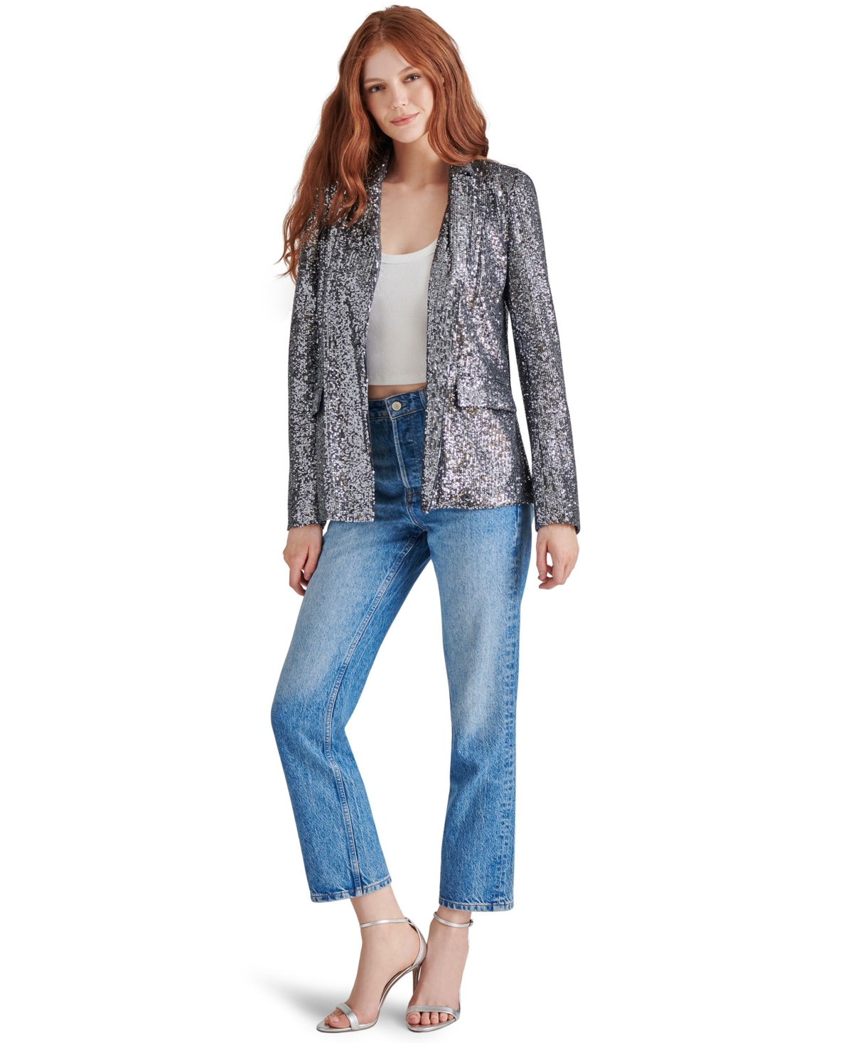 Steve Madden Payton Sequin Open Front Blazer In Silver Grey