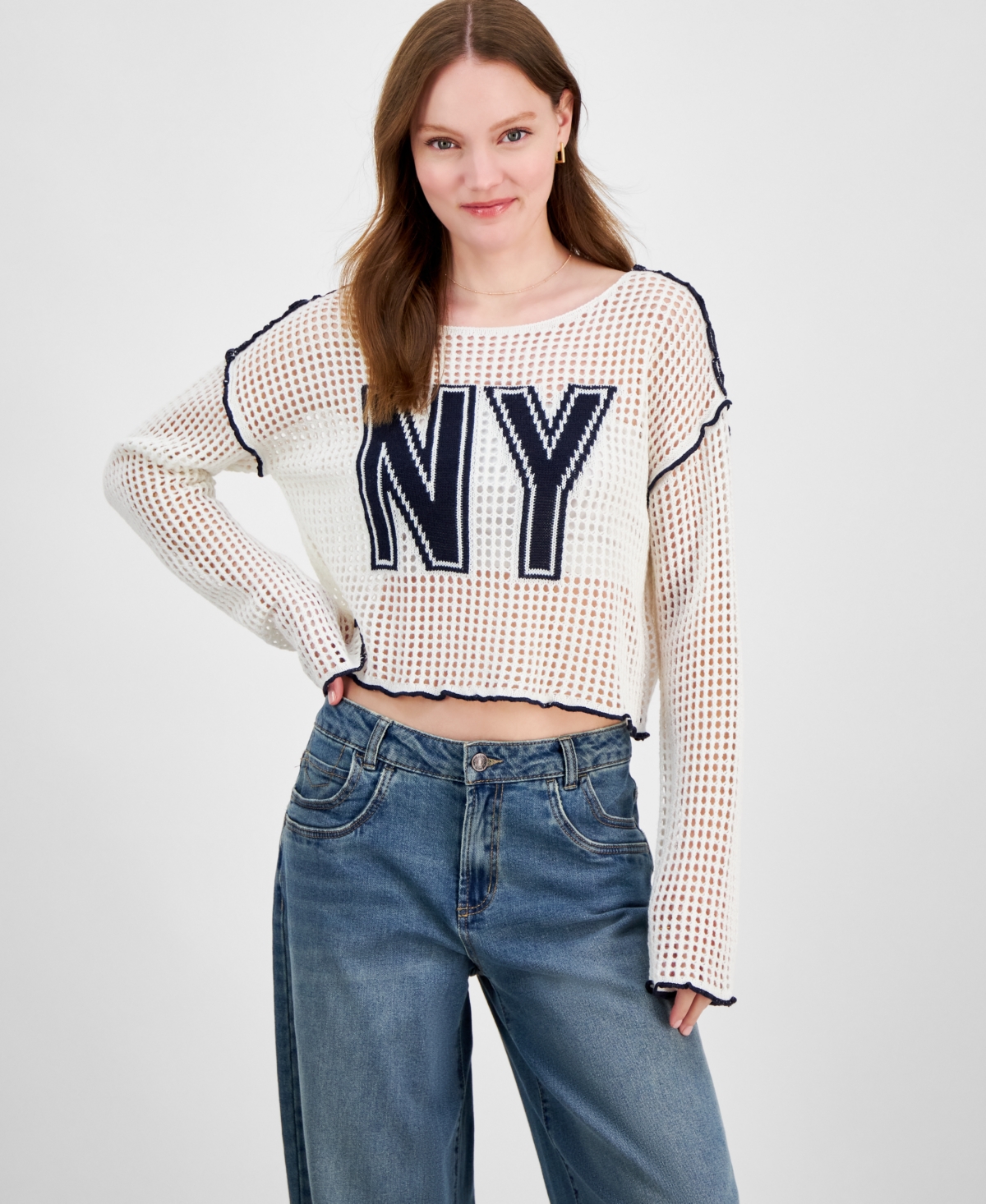 Juniors' Open-Knit Long-Sleeve Novelty Sweater - Bright White