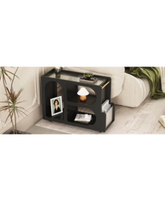 Lockable Mobile End Table with Fluted Tempered Glass