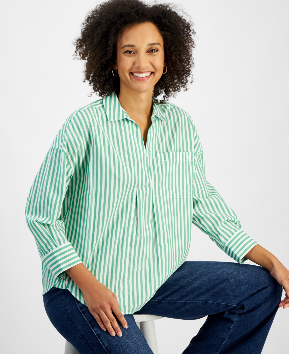 Nautica Jeans Women's Port Stripe Cotton Collared Blouse In Fern,white