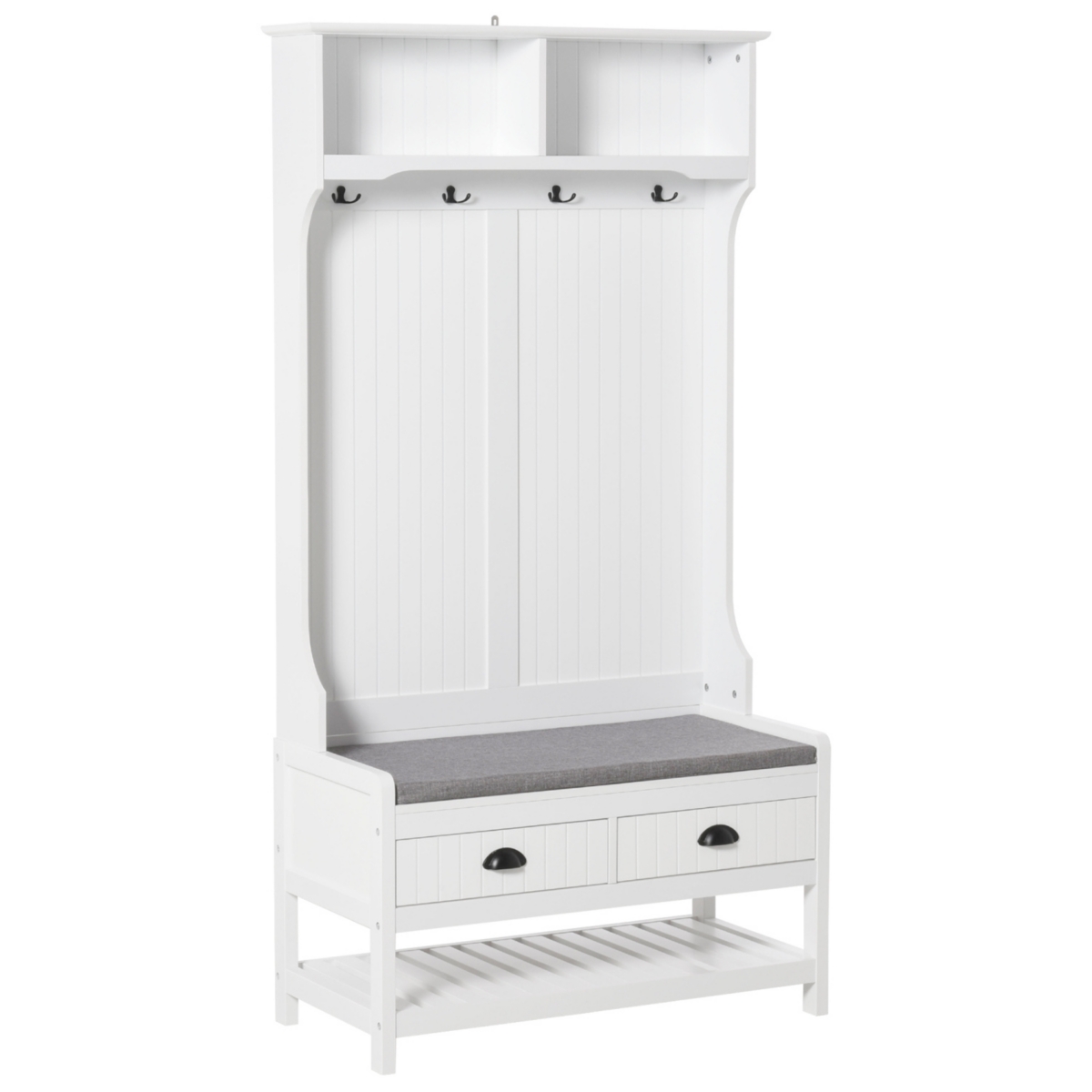 3-in-1 Hall Tree, Entryway Bench with Coat Rack, Mudroom Bench with Shoe Rack, 2 Storage Drawers, 4 Hooks and Padded Seat Cushions for Hallway, White