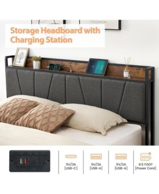 King Size Bed Frame with 2 Storage Drawers and Charging Station, Rustic Linen Upholstered Platform Bed Frame with Storage Headboard, Gray