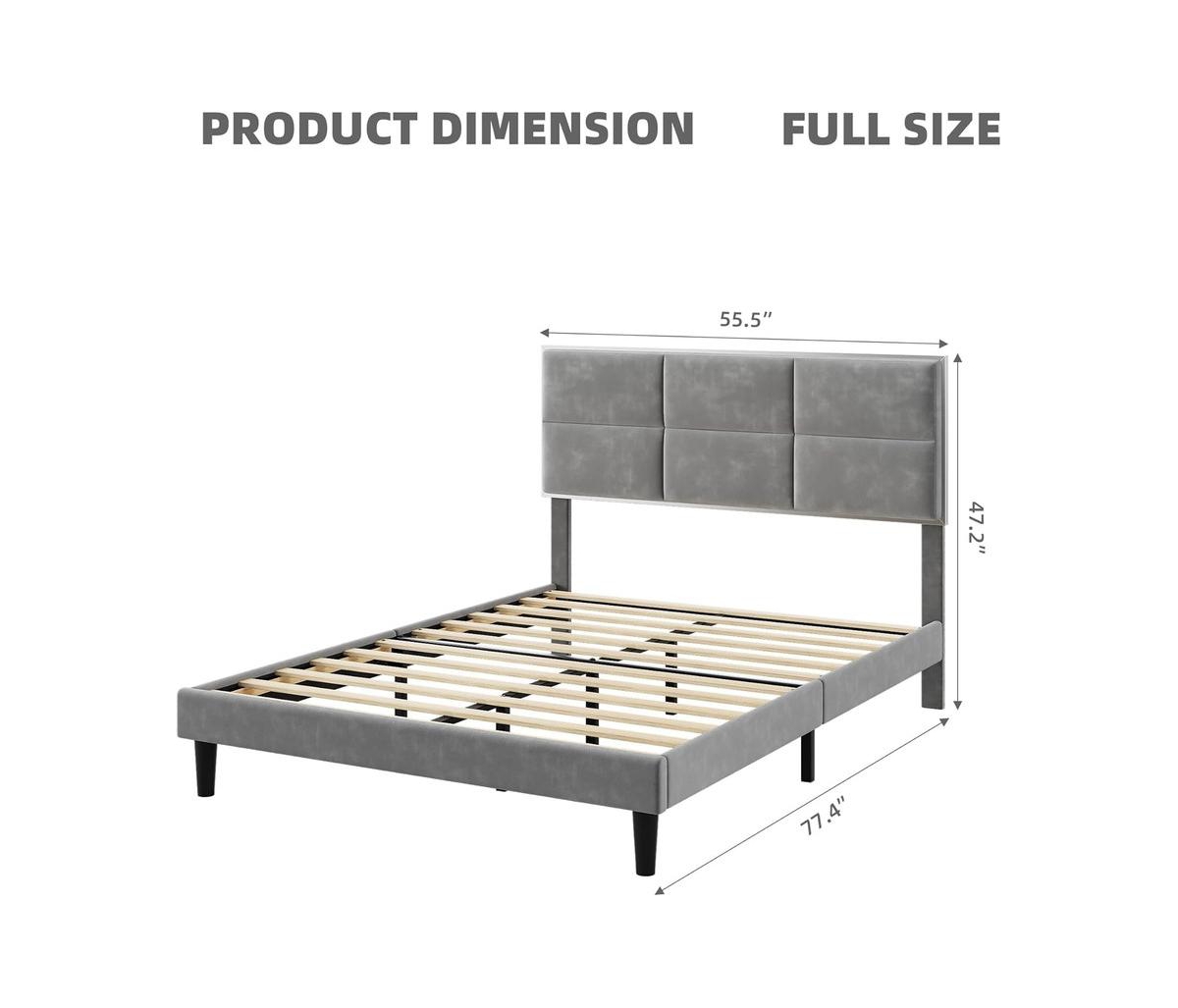 gaomon Size Bed Frame, Velvet Upholstered Platform Bed Frame with Headboard, Wooden Slats Support, No Box Spring Needed, Easy Assembly, Gray - Gr