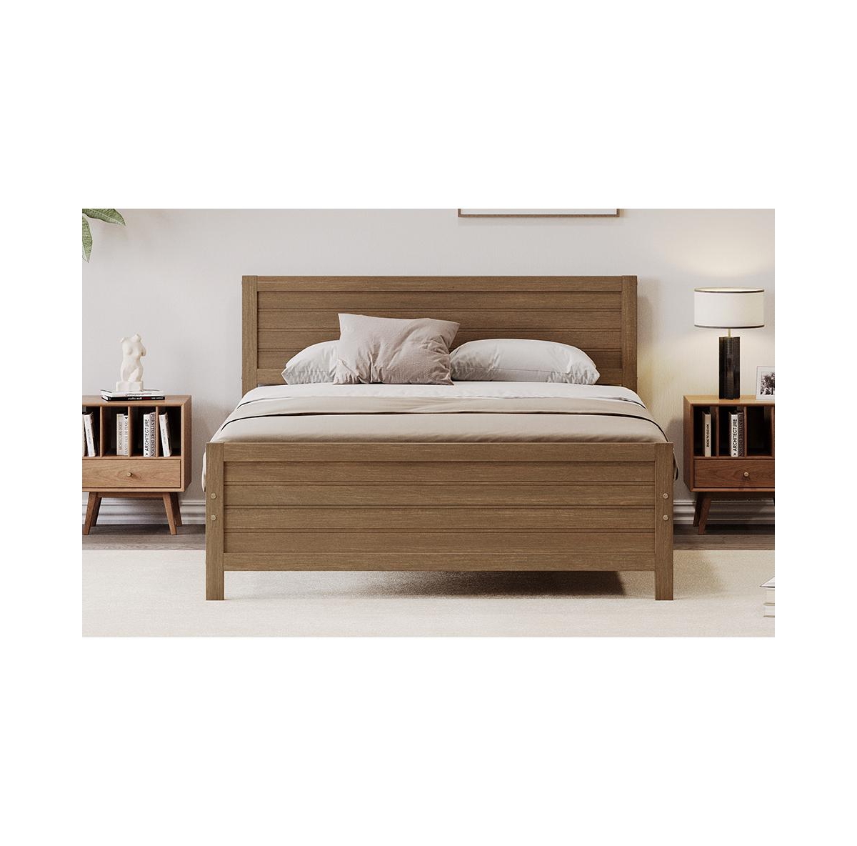 Slickblue Wood Platform Bed Frame with Headboard, Mattress Foundation with Wood Slat Support, No Box Spring Needed- Walnut