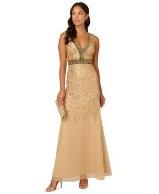 Adrianna Papell Sequin Beaded Mesh V Neck Sleeveless Gown 16