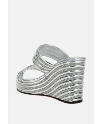 Womens Benched Metallic Faux Leather Wedge Sandals