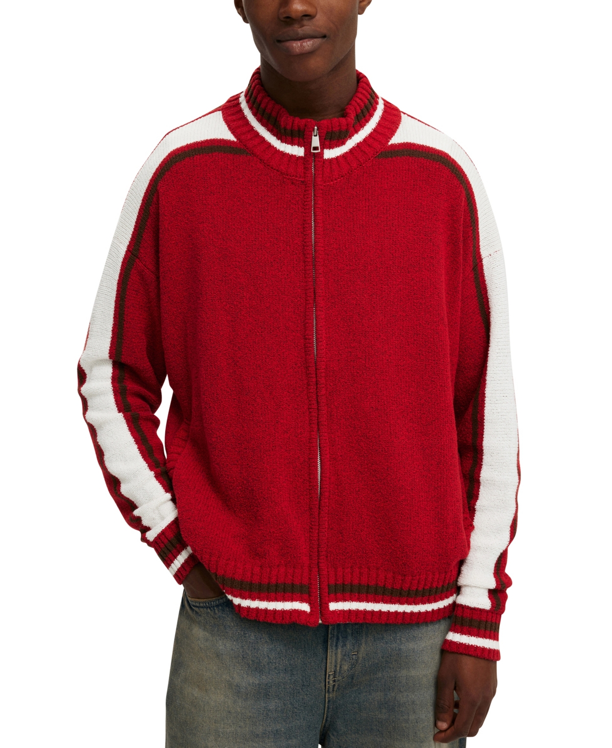 Men's Knitted Bomber Jacket - Scarlet Red