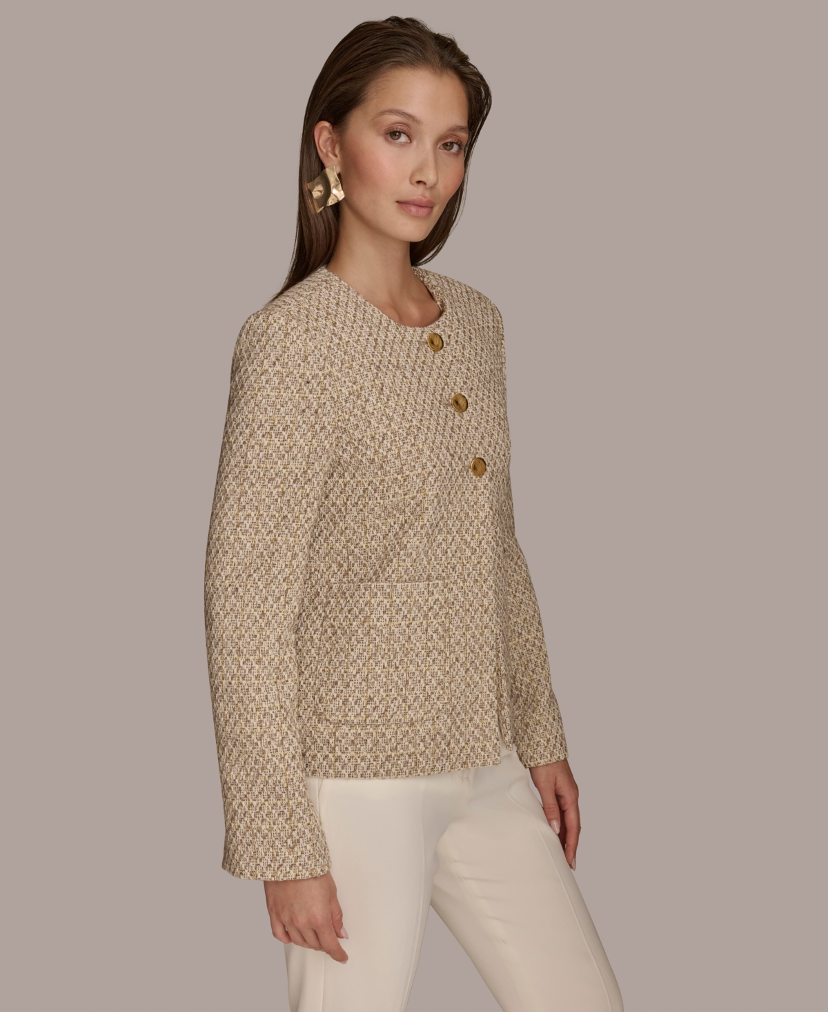 Donna Karan New York Women's Round-Neck Button-Front Jacket -gold