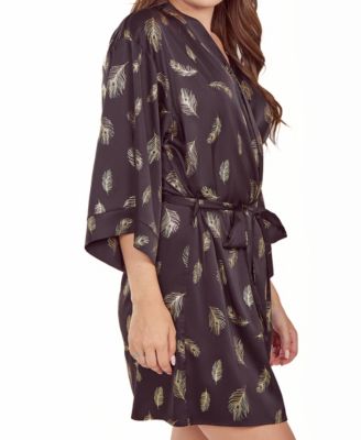 Plus Size Silky Self Tie Robe in Feather Print