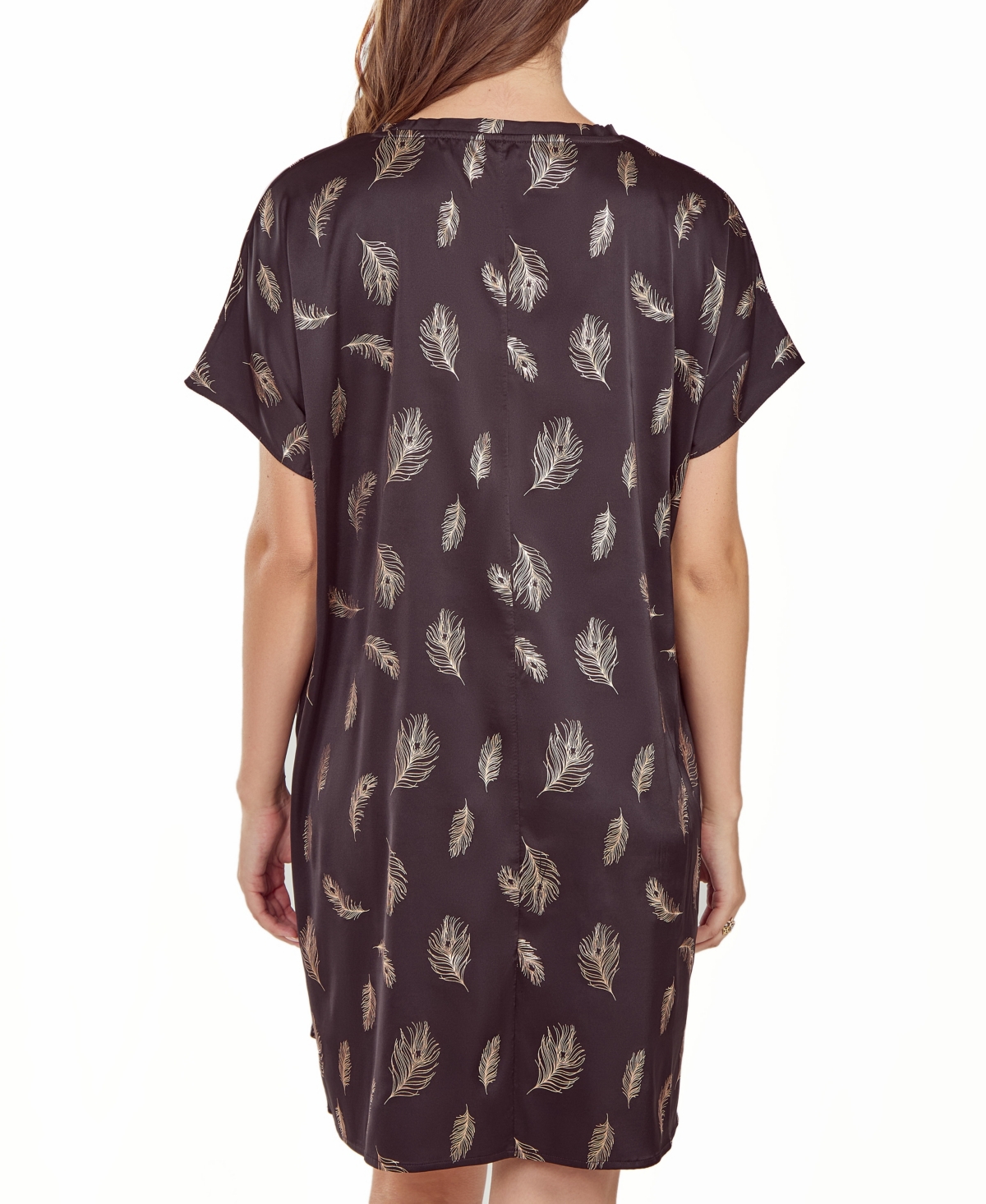 ICOLLECTION WOMEN'S SILKY POCKET SHIFT SLEEPSHIRT NIGHTGOWN IN FEATHER PRINT 