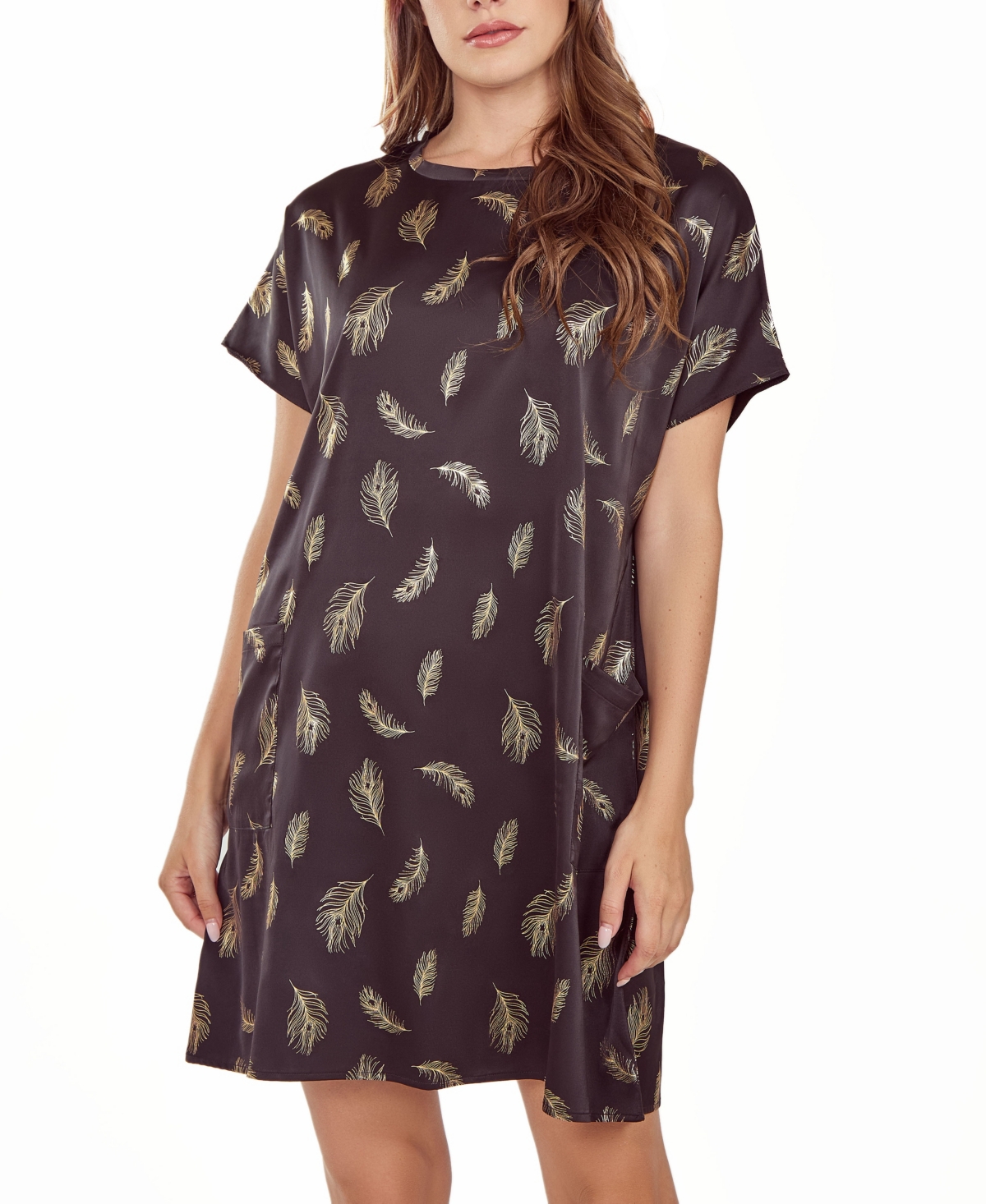 ICOLLECTION WOMEN'S SILKY POCKET SHIFT SLEEPSHIRT NIGHTGOWN IN FEATHER PRINT 