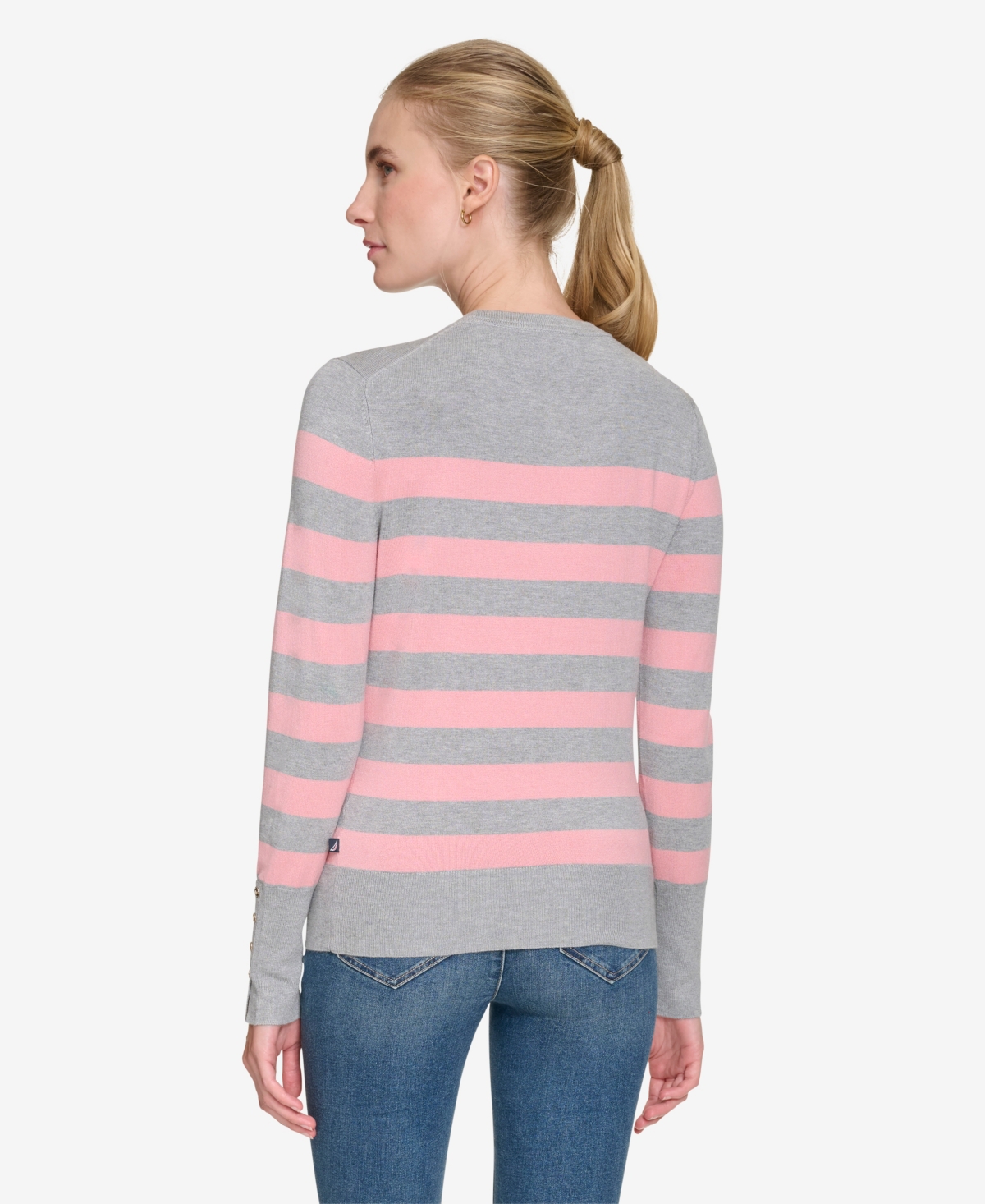 NAUTICA JEANS WOMEN'S CREWNECK STRIPE SWEATER WITH BUTTON SLEEVE 