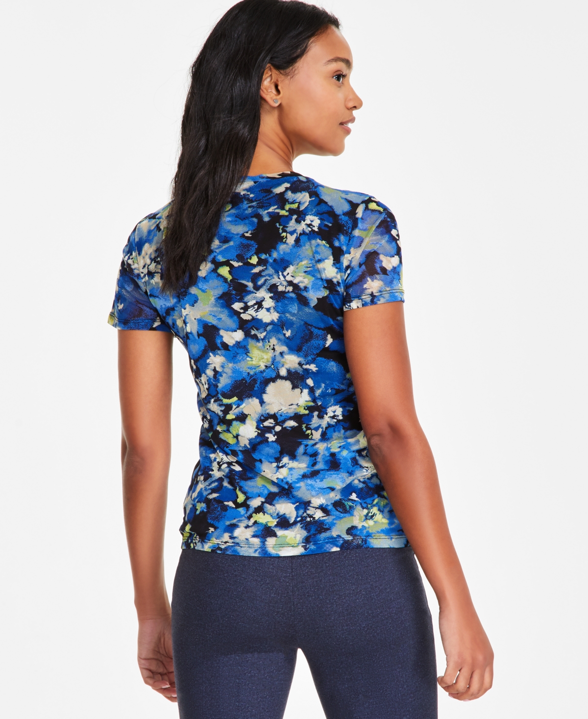 Bar Iii Women's Floral-print Mesh Short-sleeve T-shirt, Exclusively At Macy's In Cadet Dusk Multi