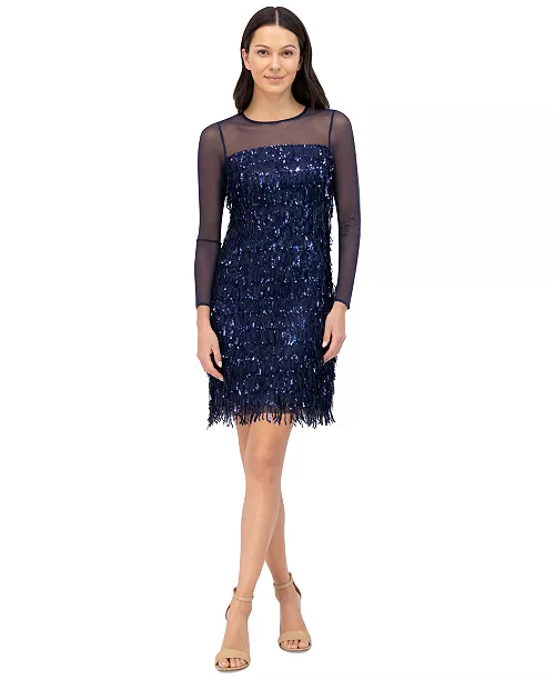 women's sequined fringe illusion-trim dress