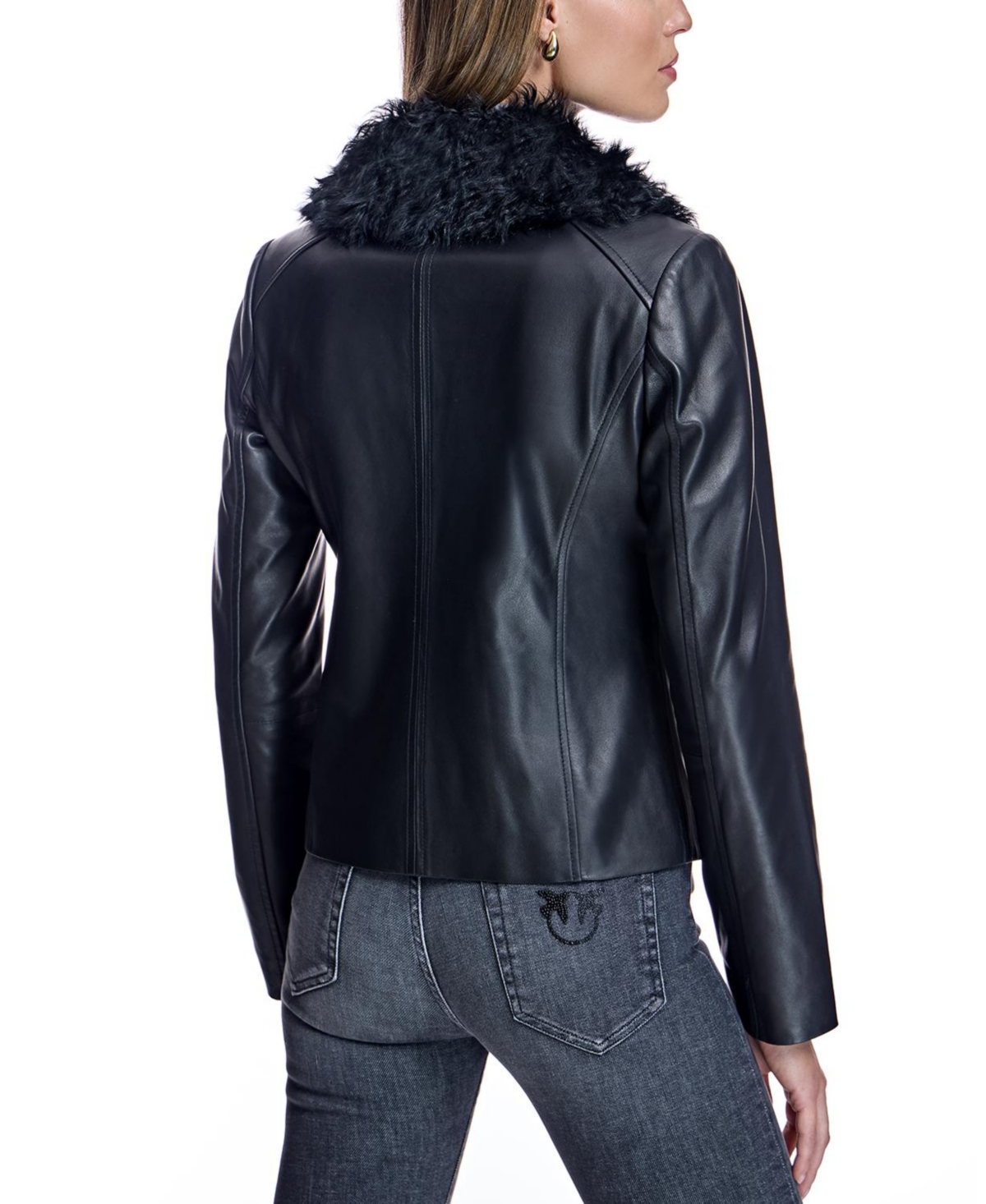 Julia & Stella by Maximilian Women's Leather Jacket with Curly Lamb Collar