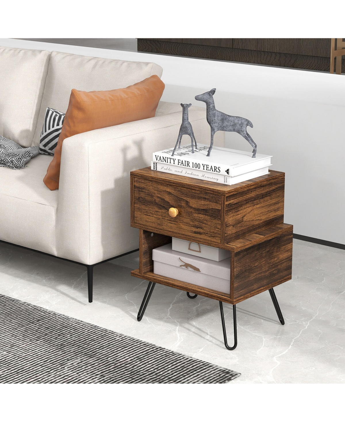 Gymax Nightstands Set of 2 w/Storage Drawer Open Shelf Mid Century End Tables- Walnut