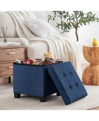 Foldable Tufted 15 Inch Square Linen Storage Ottoman with Legs