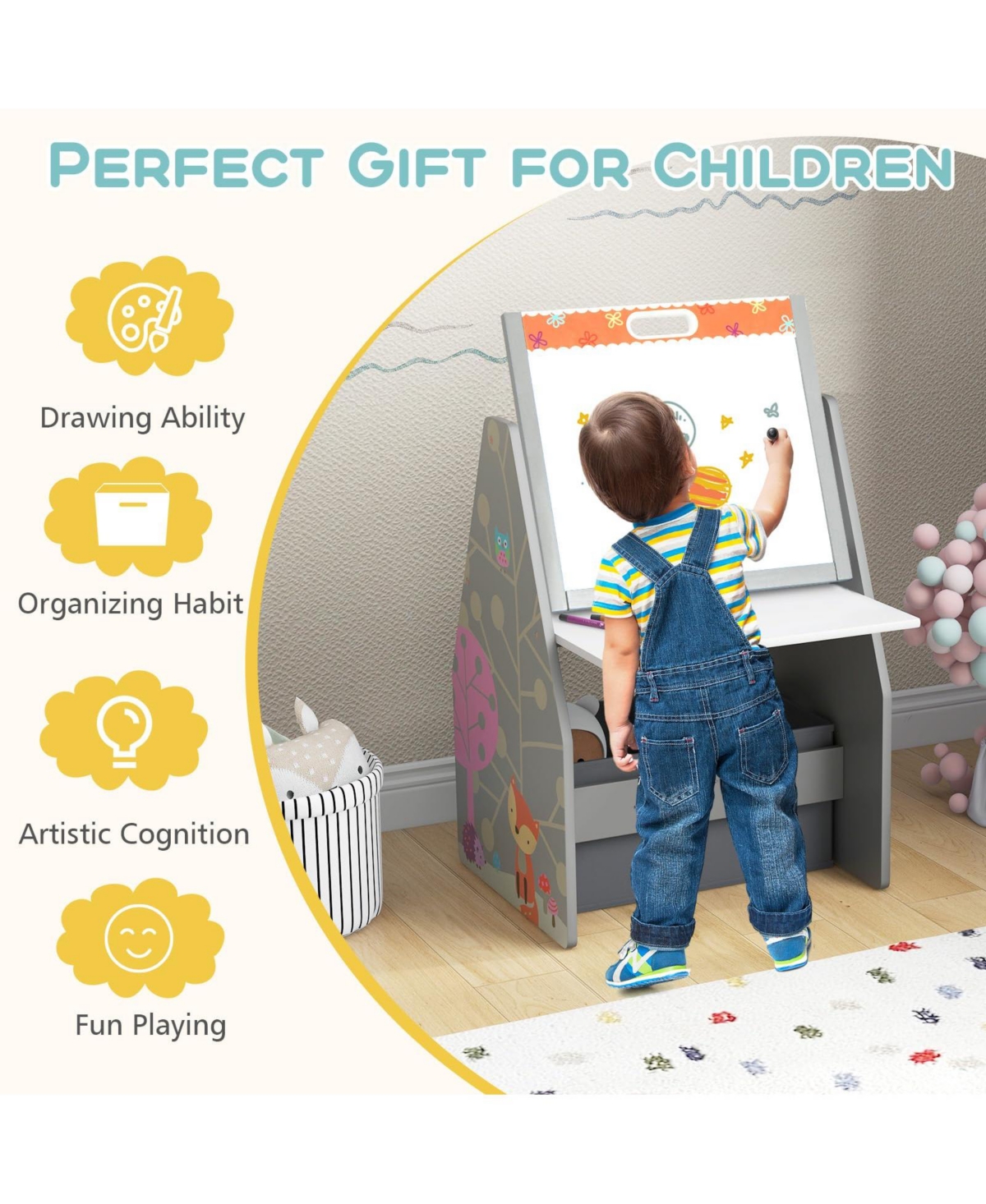 3 in 1 Kids Easel and Play Station Convertible with Chair and Storage Bins