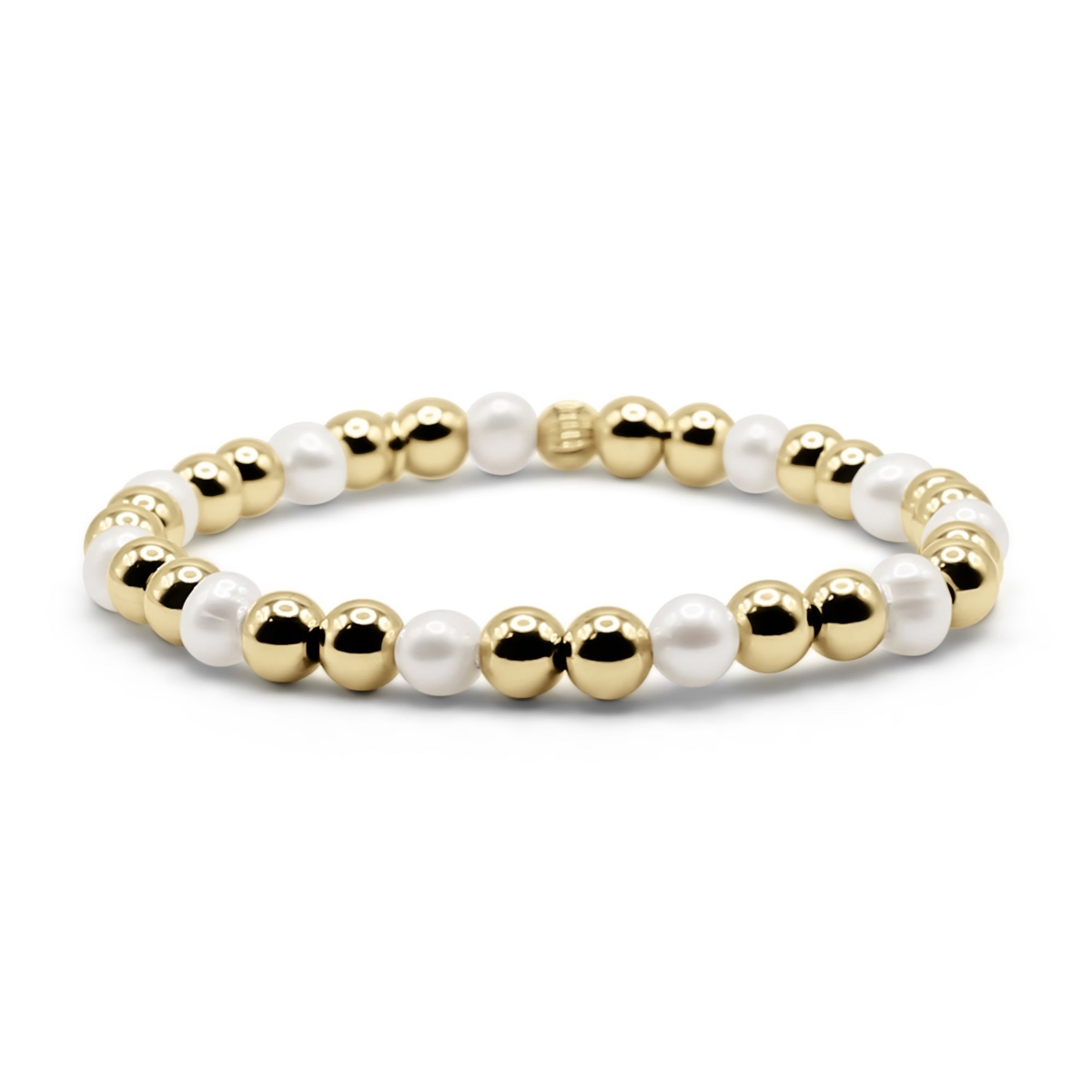 Non-Tarnishing 6mm Gold-Filled Ball and Freshwater Pearl Stretch Bracelet - Gold